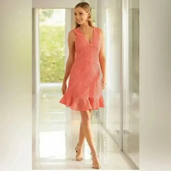 BOSTON PROPER Coral Lace Sleeveless Flutter Dress size 8 - joarbit.com